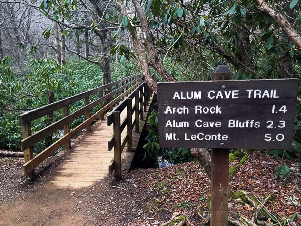 Fun things to do in Brevard NC : Sign for Mt LeConte and Alum Cave in Smoky Mtns Park, TN. 